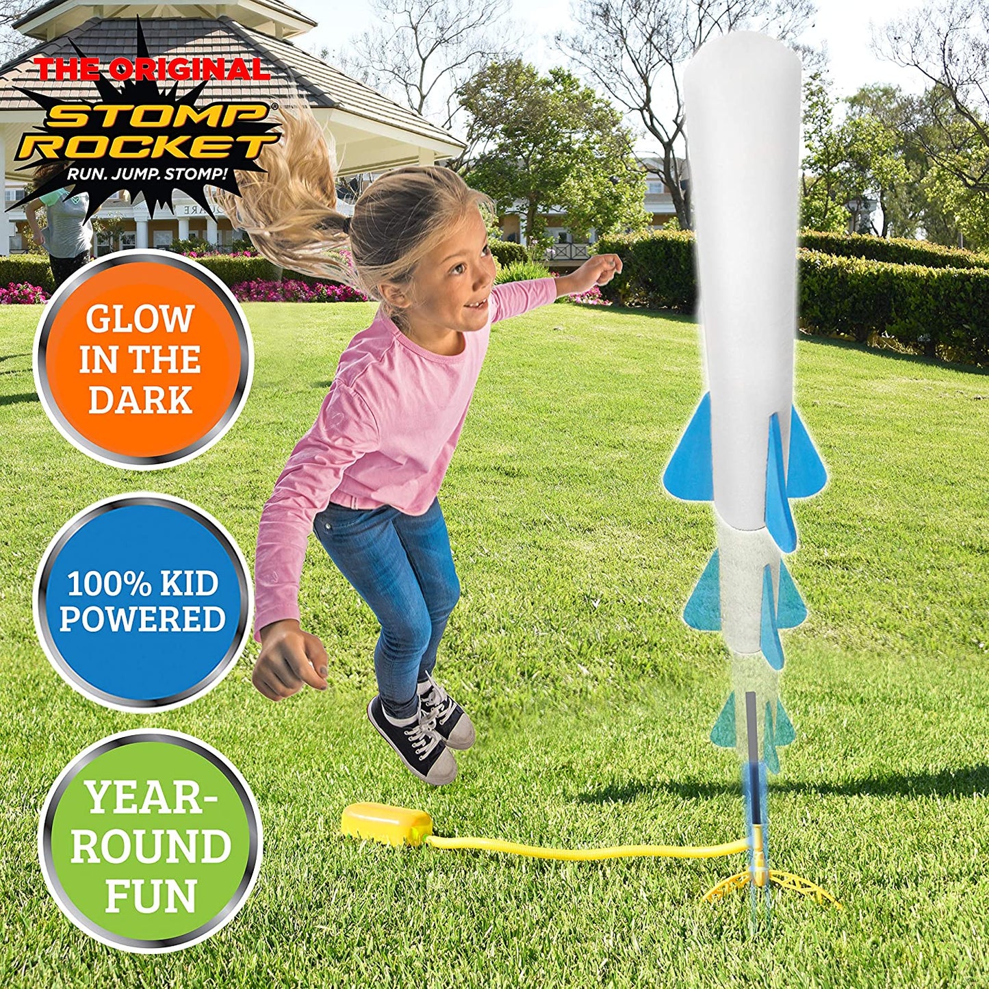 Air Power Rocket Launcher toy set with three colorful rockets, perfect for kids' outdoor STEM play