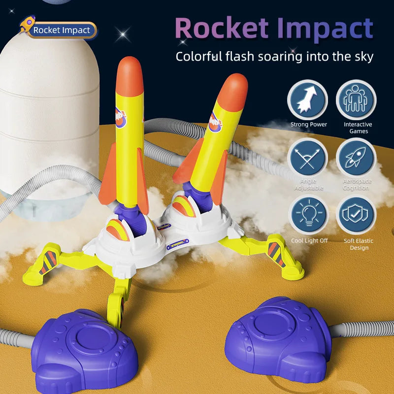 Kids launching a vivid green jump rocket toy with a foot launcher outdoors, active play