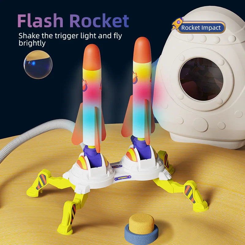 Two children playing with a dual jump rocket launcher, rockets soaring high against an blue sky