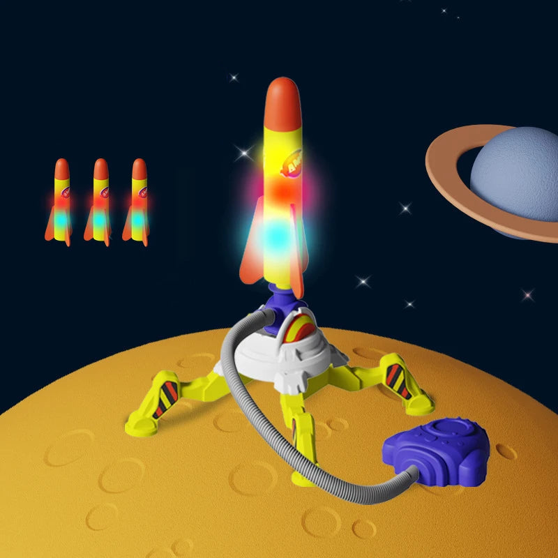 Detail of a durable plastic jump rocket and its base, ready for launch by a child