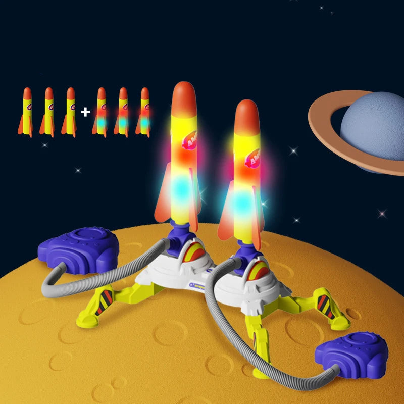 Boy aiming a jump rocket launcher on a sunny day, engaging in active outdoor children's toy fun
