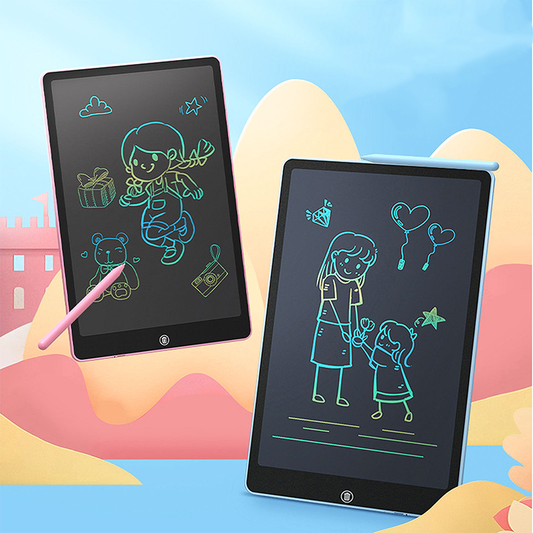 Kids' LCD drawing tablet with blue frame & colorful doodle on erasable screen, ideal educational toy for creative play.