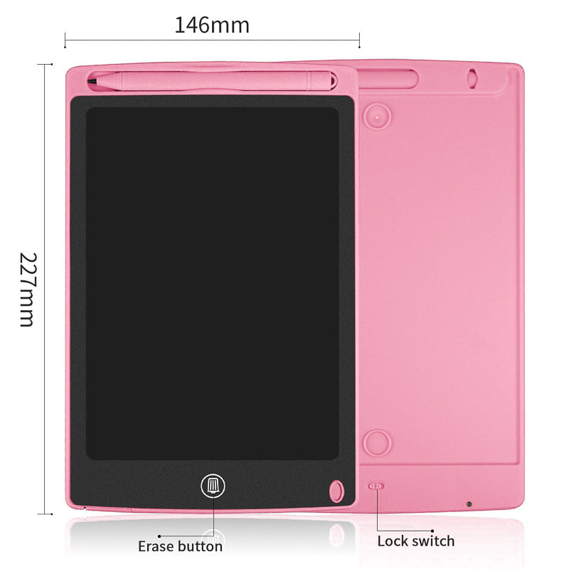 Child's hand sketching on a yellow LCD drawing tablet, an interactive children's toy for fun toddler activities.