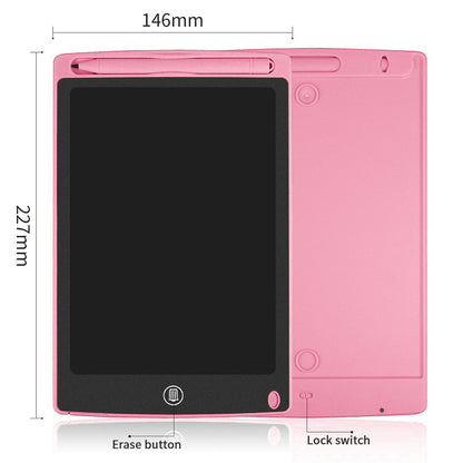 Child's hand sketching on a yellow LCD drawing tablet, an interactive children's toy for fun toddler activities.