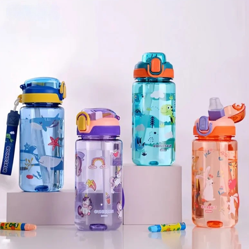 Kids leakproof dinosaur water bottle with silicone straw, blue color, 12oz for children's hydration.