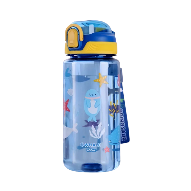 Children's hydration gear: purple dinosaur water bottle with straw, leakproof design for kids.