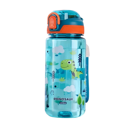 Close-up of a kids leakproof water bottle with a fun dino print and soft silicone straw for toddlers.