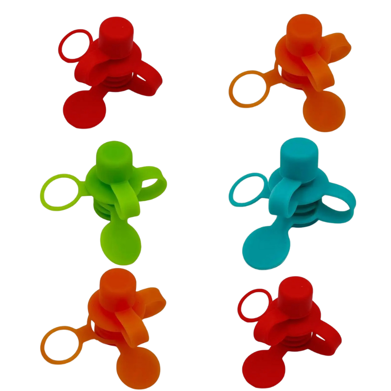 Two reusable kid's leakproof silicone bottle tops in pink and orange, spill-free design for toddlers.