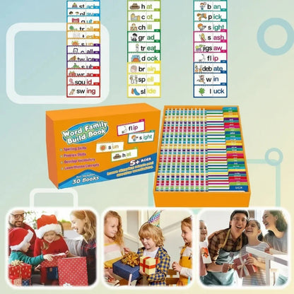 Close-up of a child's hand holding a flipbook, learning English words with fun activities