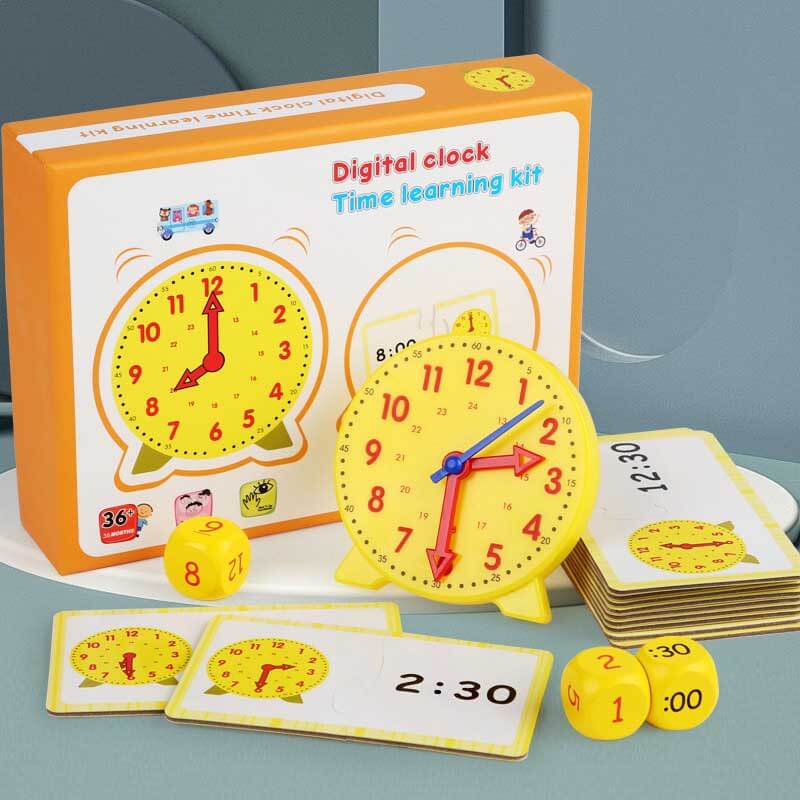 Kids educational toy teaching set, an interactive clock for learning to tell time effectively.