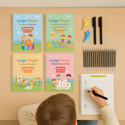 Close-up of a children's writing practice workbook with letter tracing and drawing activities
