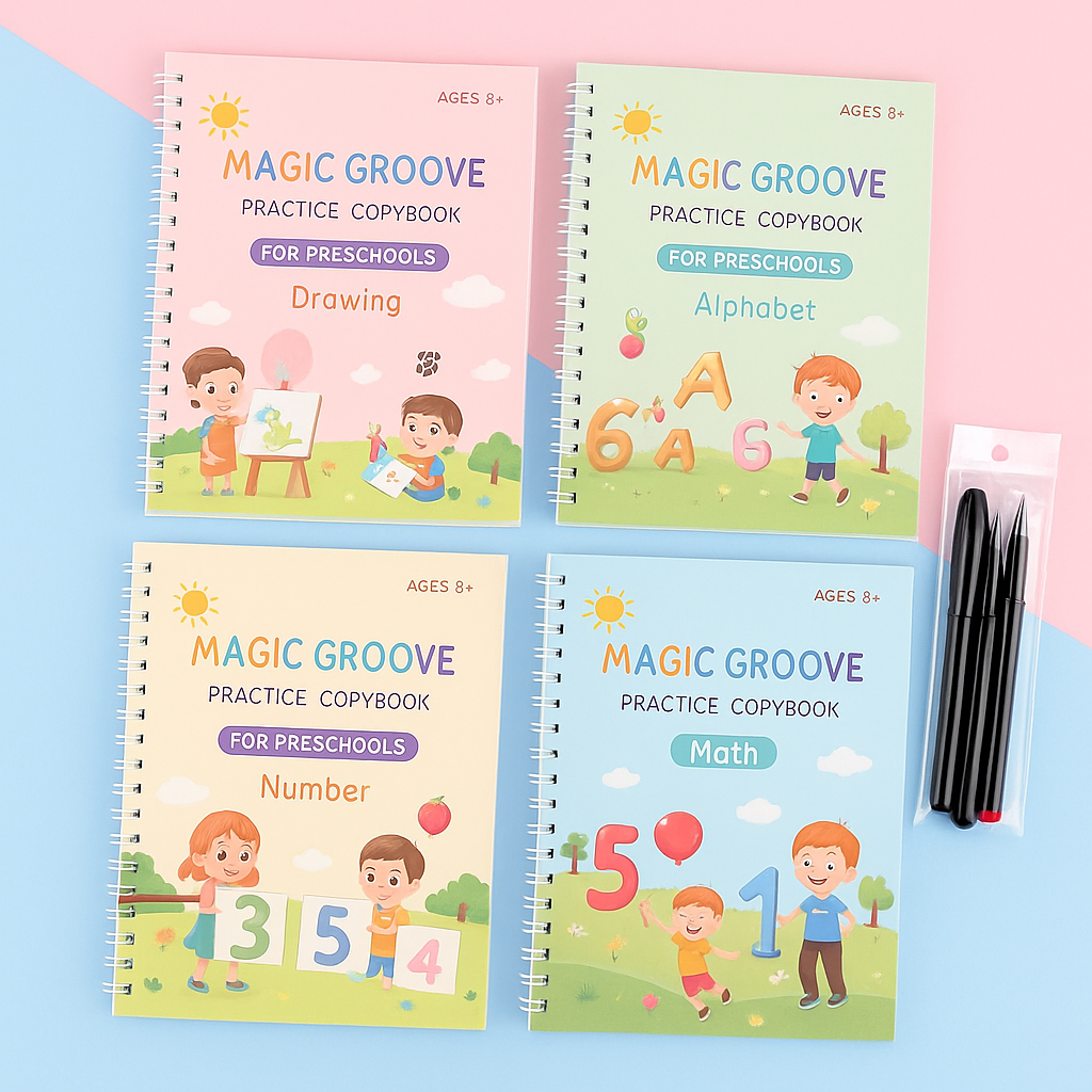 Colorful Kids Learn to Write workbook showing engaging math and letter learning exercises