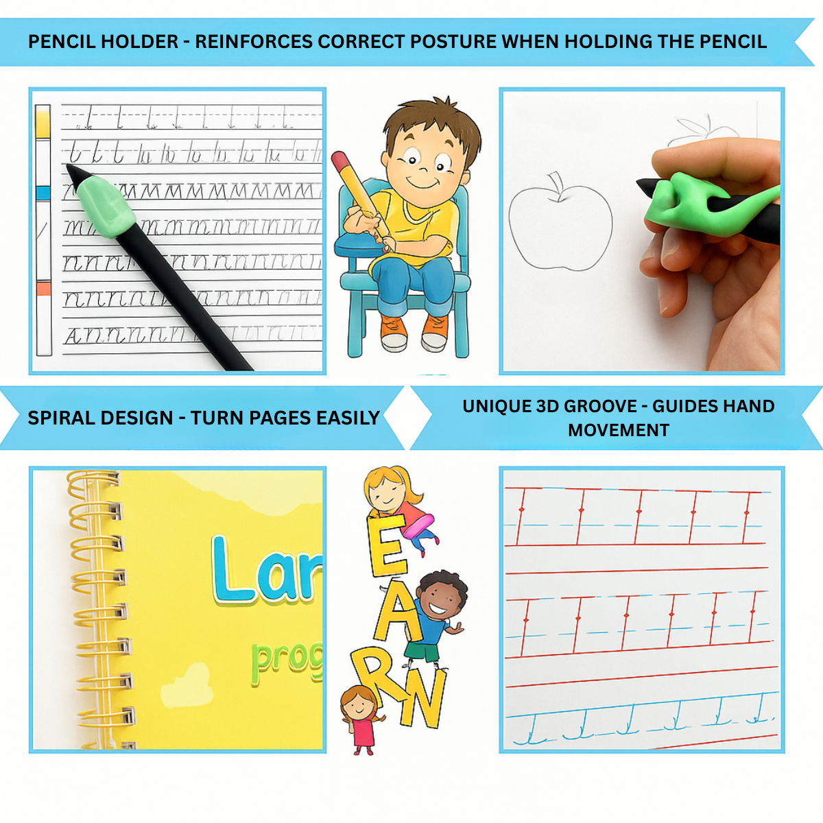 Kids learning workbook with clear lines for letter formation, numbers, and basic mathematics