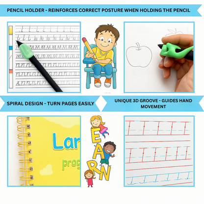 Kids learning workbook with clear lines for letter formation, numbers, and basic mathematics