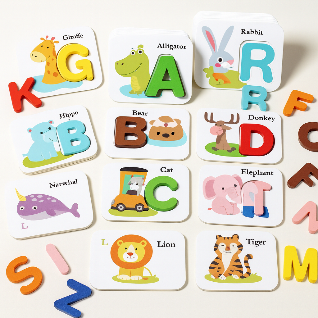 Kids learning alphabet animal wooden puzzle toy, preschool educational game for ages 3-5