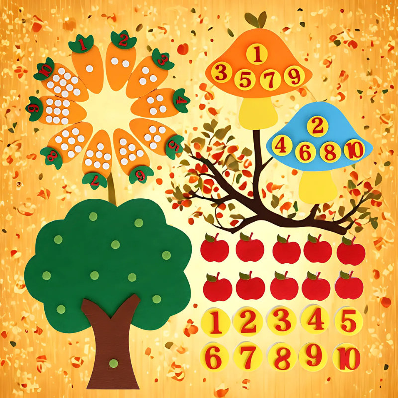Kids Learning Garden Counting Play Set with colorful felt shapes for early learning and motor skills. Preschool educational toy.