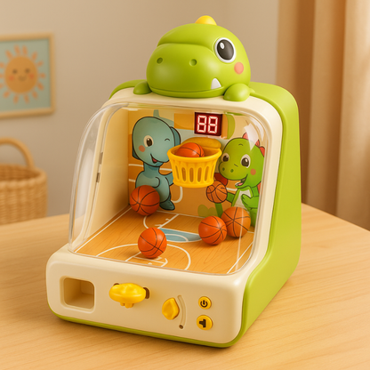 Kids' LED Dinosaur Tabletop Basketball Game with glowing hoop, promoting hand-eye coordination for family fun.