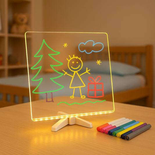 Kids' LED drawing board with adjustable stand and colorful pens, perfect for screen-free creative play.