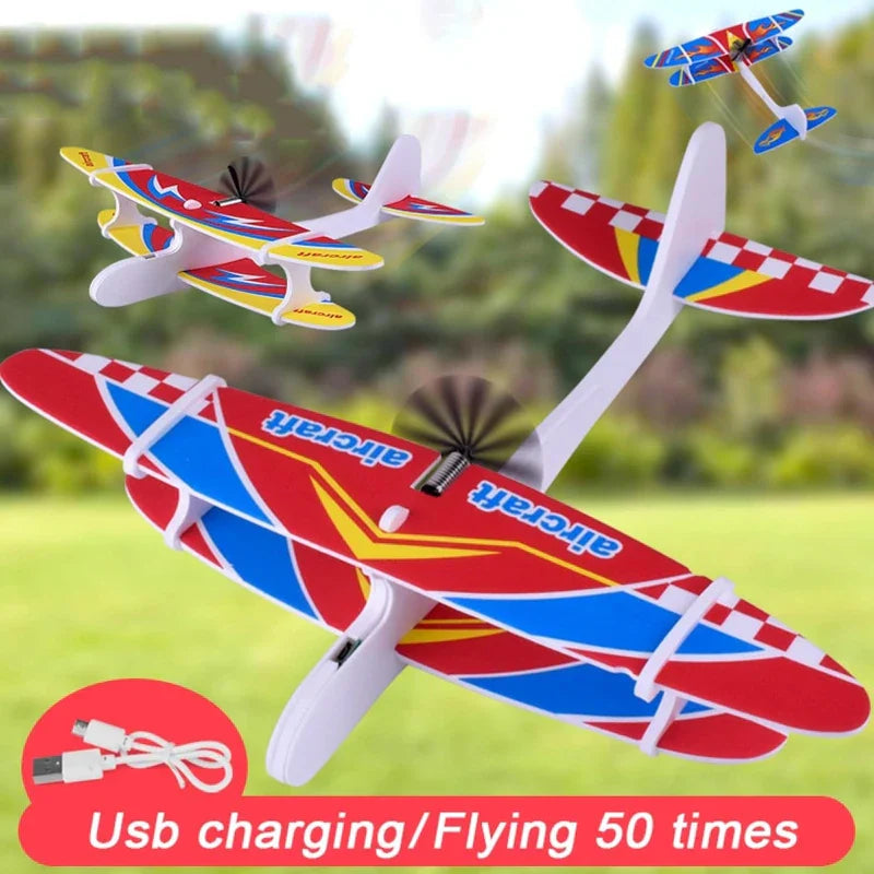 Blue foam airplane toy with bright LED lights, a fun flying toy for children's outdoor play