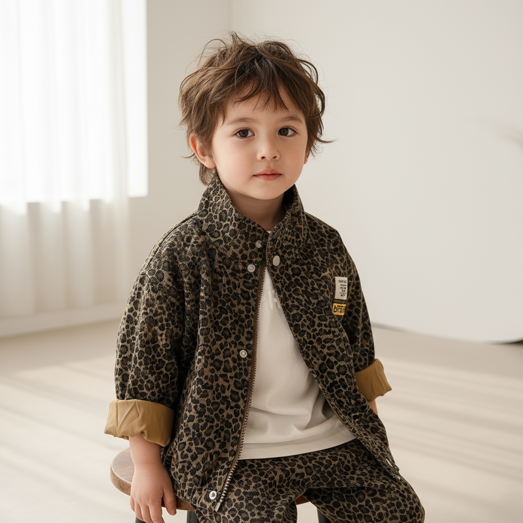Unisex children's leopard print jacket set with full zip, comfortable toddler wear