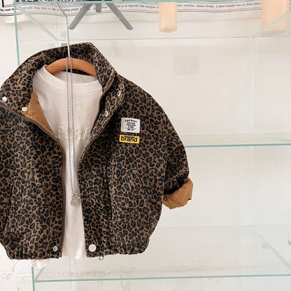 Toddler in stylish leopard print jacket and matching pants, kids clothing set