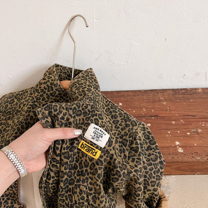 Back view of kids' leopard print zip-up jacket, showcasing unisex design