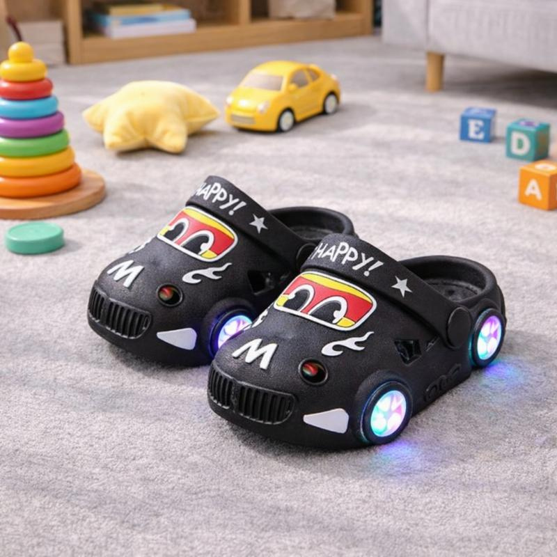Kids' light-up car slippers, blue with flashing LED lights, perfect for playful toddler steps