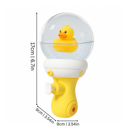 Toddler playing with a glowing floating animal water blaster toy in a swimming pool
