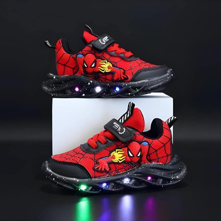Black toddler light-up LED sneakers; comfortable children's play shoes for boys & girls.
