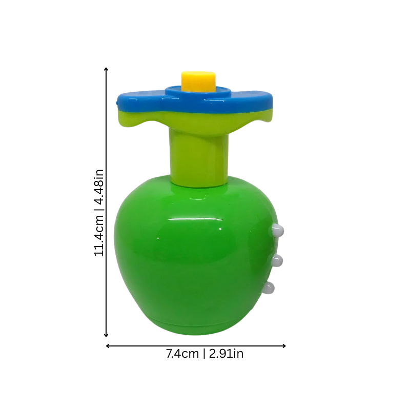 Close-up of a kids' musical spinning top toy with flashing lights, educational playtime