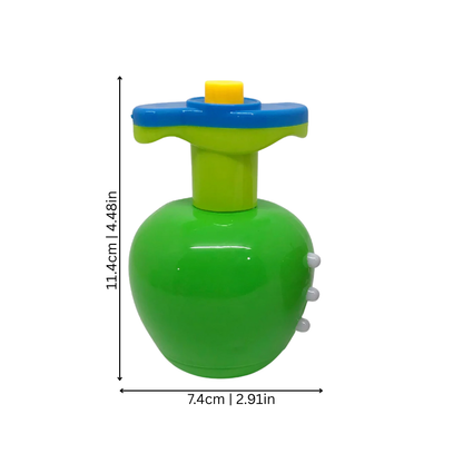 Close-up of a kids' musical spinning top toy with flashing lights, educational playtime