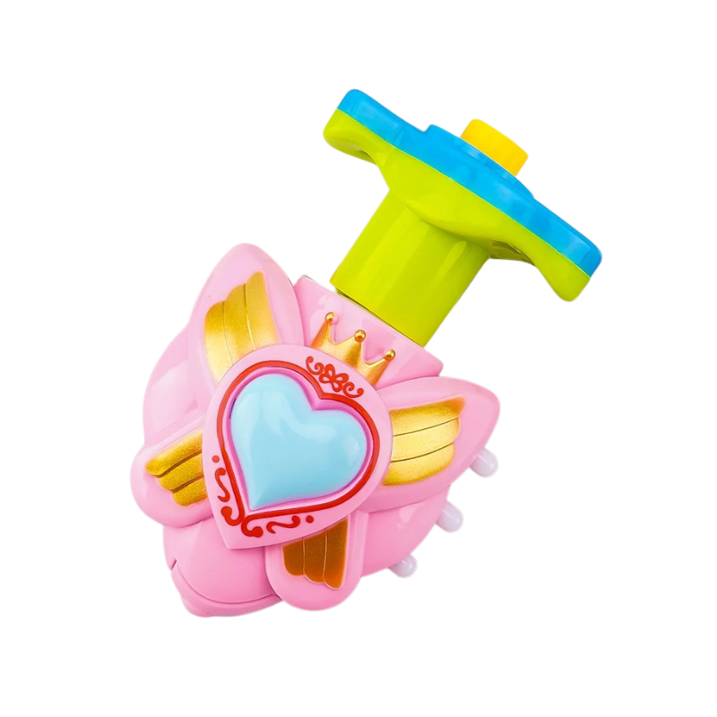 Child's hand launching a light-up musical spinning top, engaging kids toy