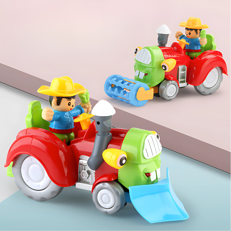 Kids' light-up musical tractor toy, a yellow and green farm vehicle for imaginative play, made of durable ABS material.