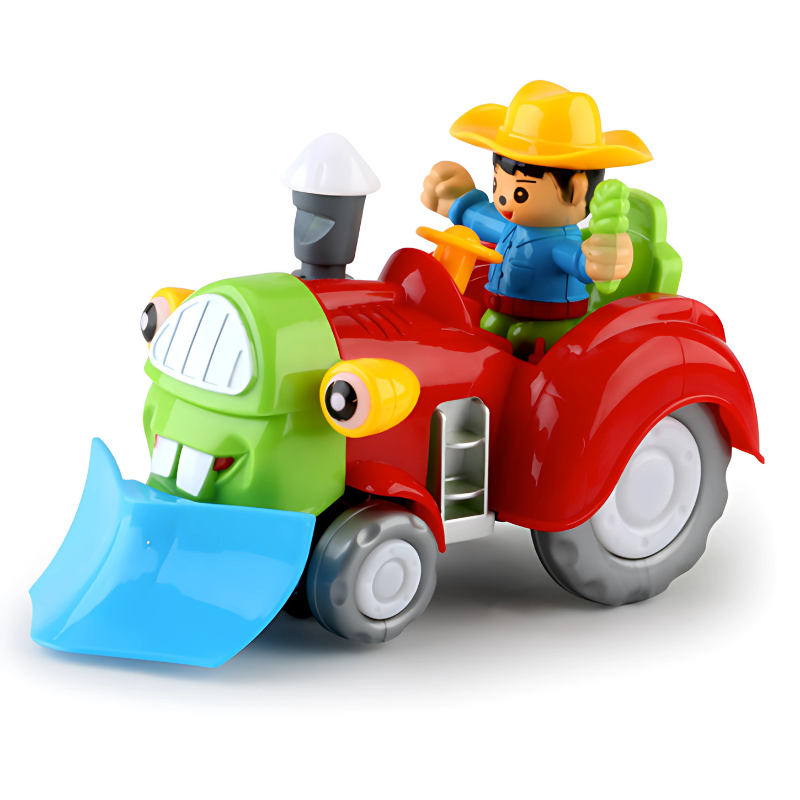 Toddler playing with a colorful light-up musical tractor toy, an educational farm vehicle for engaging, imaginative fun.