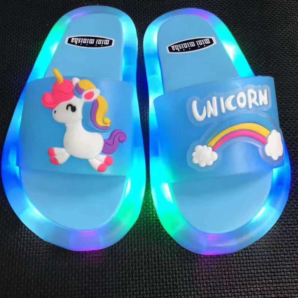 Colorful light-up unicorn slippers, enchanting footwear for little girls and boys