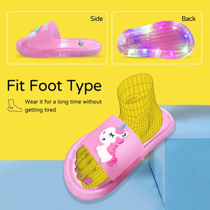 Close-up of the sole of a light-up unicorn slipper, showing non-slip grip for toddlers
