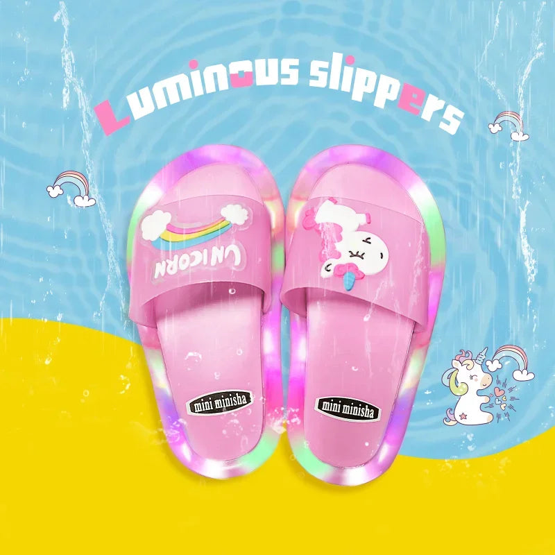 Girls' light-up unicorn slippers with sparkling horn, comfortable childrens footwear