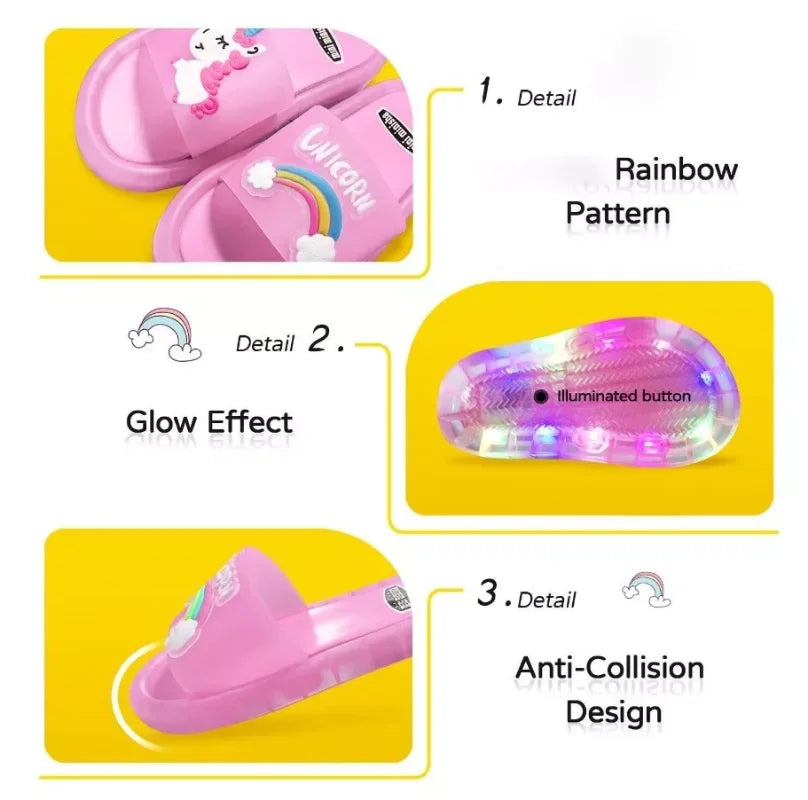 Close-up of a light-up unicorn slipper, showing glowing details and plush fabric