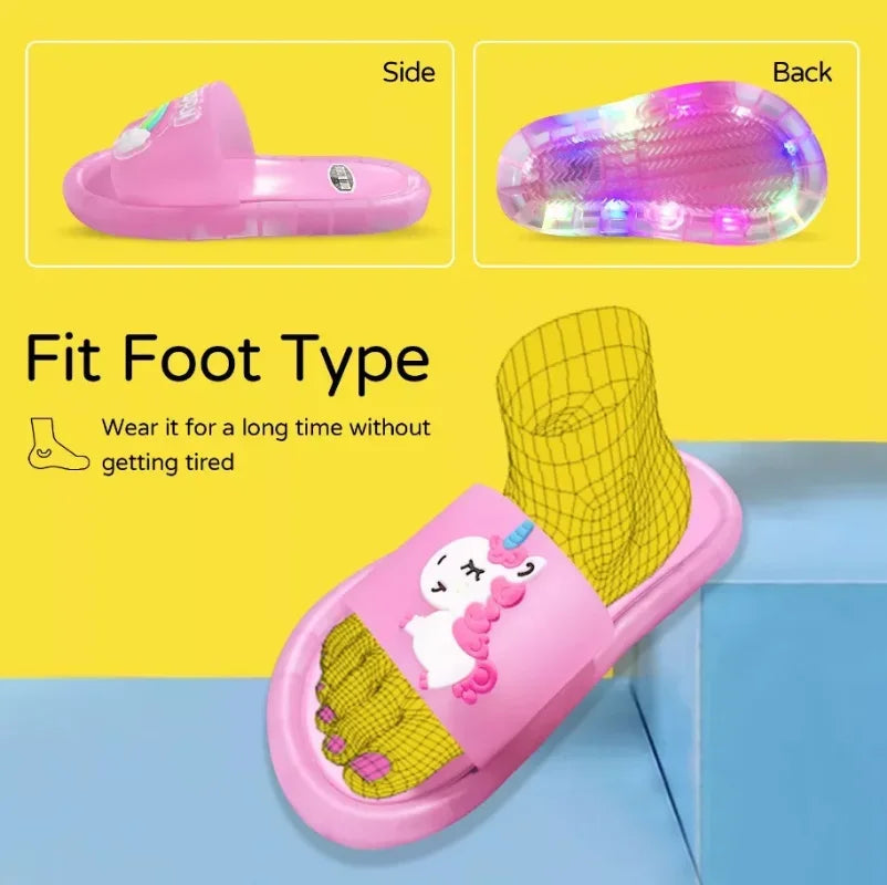 Pair of colorful light-up unicorn slippers, fun and warm footwear for toddlers