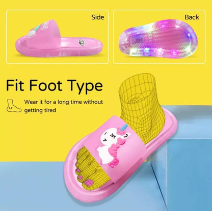Pair of colorful light-up unicorn slippers, fun and warm footwear for toddlers