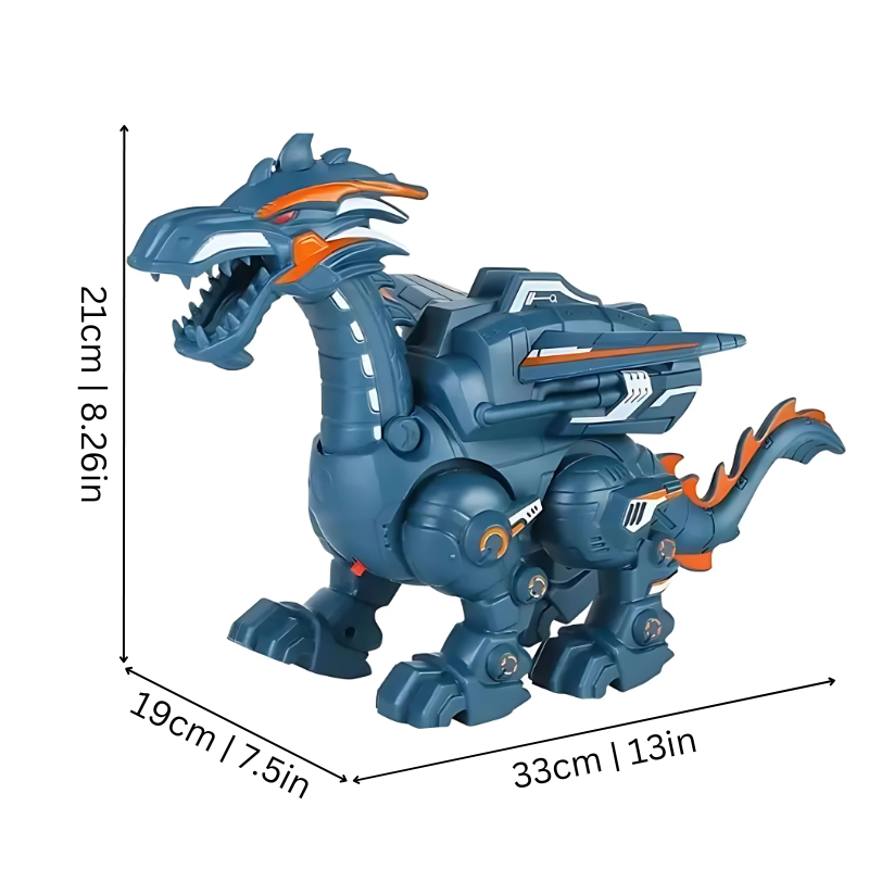 Prehistoric play dinosaur toy, red/orange, walking with glowing eyes and mist effect, musical kids' interactive toy.