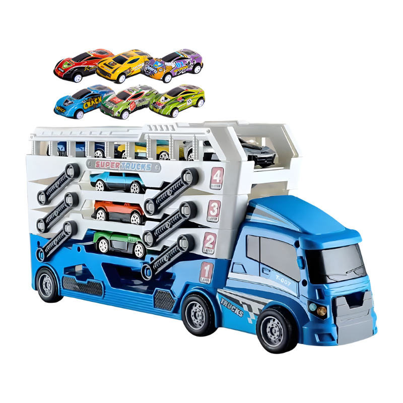 Detailed toy car transporter with multiple vehicles for engaging children's playset