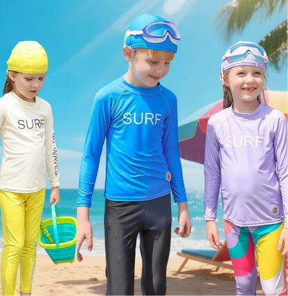 Kids long-sleeve UPF 50+ rash guard in bright blue for sun protection, quick dry fabric.