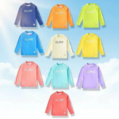 Child's UPF 50+ long-sleeve swim shirt, red, ideal beachwear for sun protection.
