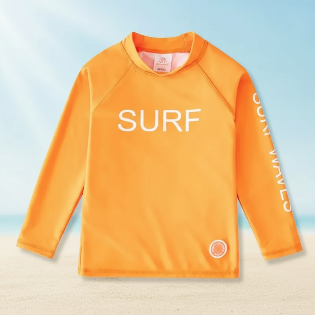 Orange kids' UPF 50+ long-sleeve swim shirt, essential children's beachwear for summer.