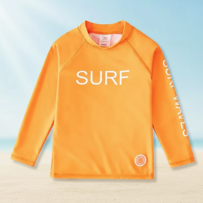 Orange kids' UPF 50+ long-sleeve swim shirt, essential children's beachwear for summer.