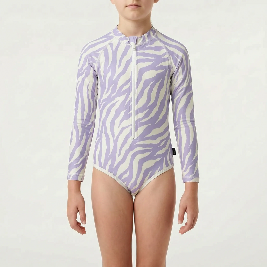 High-quality kids' one-piece long-sleeve swimsuit, providing excellent sun protection.