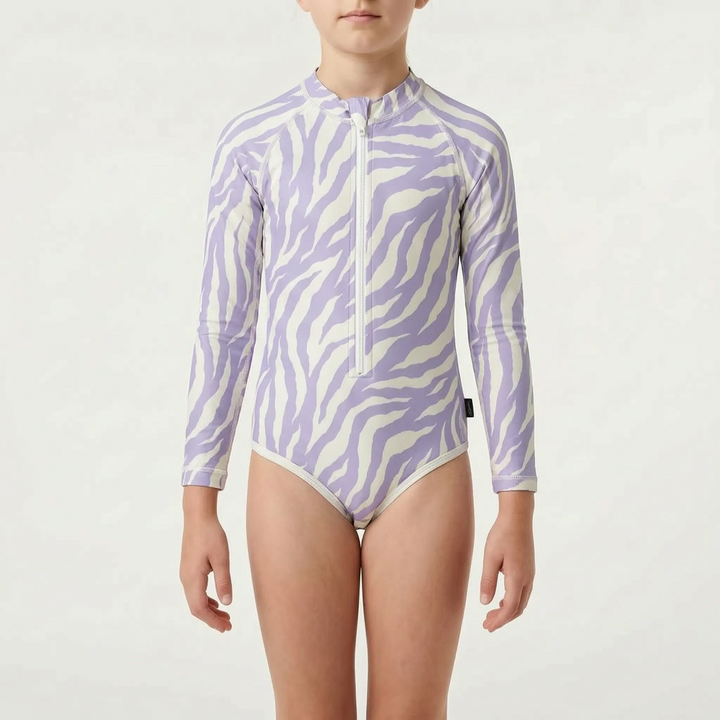 High-quality kids' one-piece long-sleeve swimsuit, providing excellent sun protection.
