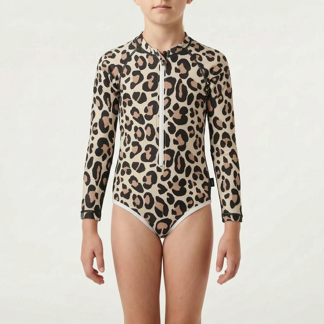 Summer-ready long-sleeve swimsuit for kids, offering UPF sun protection for active water play.