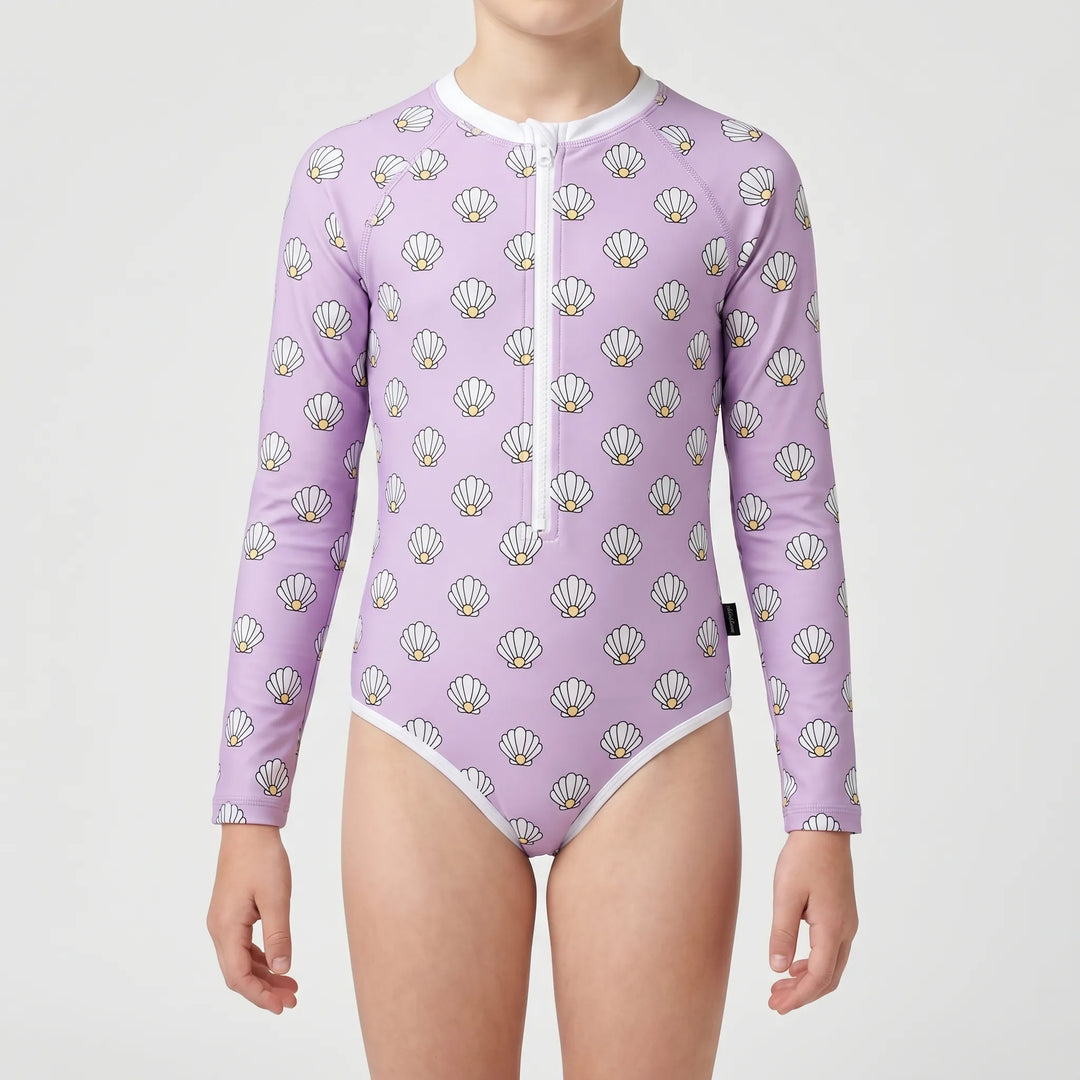 Toddler long-sleeve swimwear, one-piece, for UV protection during summer water activities.